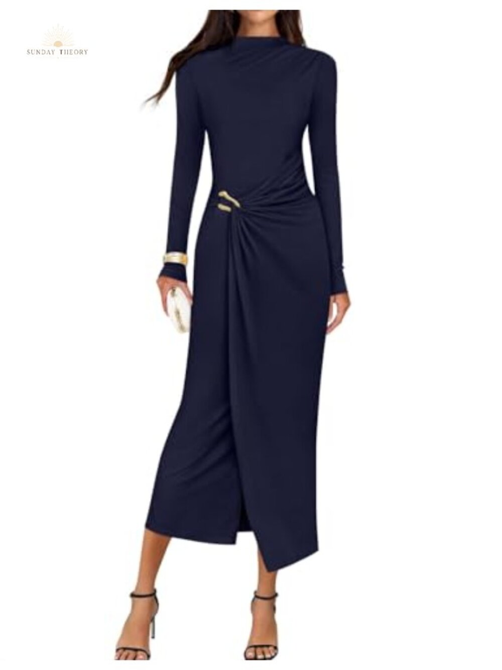 Womens Long Sleeve Mock Neck Bodycon Midi Dress Ruched Cocktail Party
